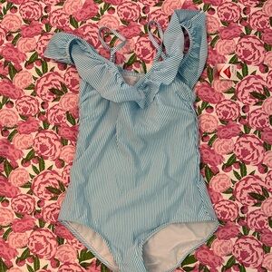 Blue Striped Lands End Ruffle Swimsuit